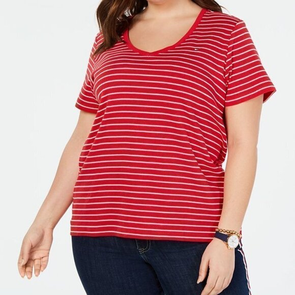 NWT - Tommy Hilfiger Women's Plus Cotton Red and White Striped T-Shirt - Size 0X - Picture 1 of 4